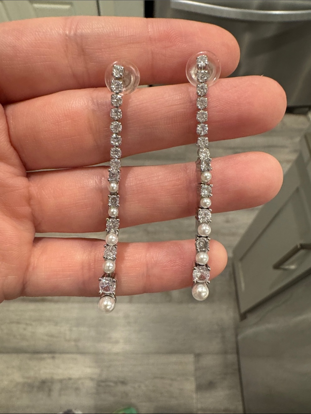 Faux Pearl CZ Long Linear Drop Earrings Silver Tone